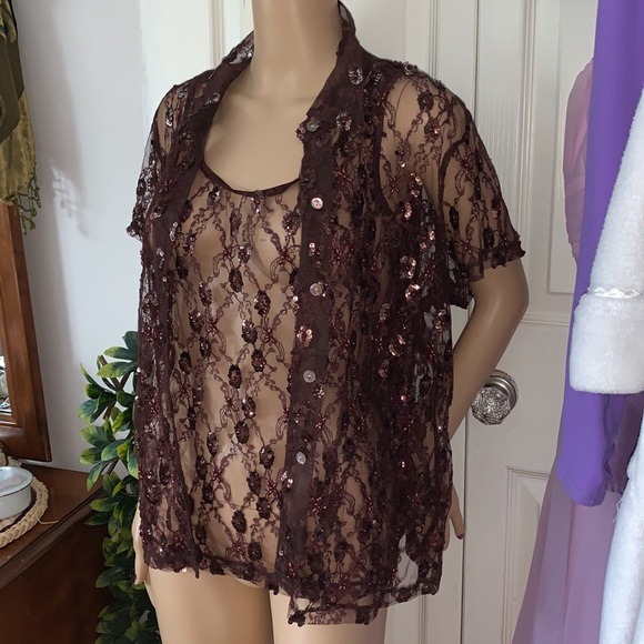 Brown lace sequin beaded button down shirt & Tank top 2 piece Set L - Picture 7 of 12